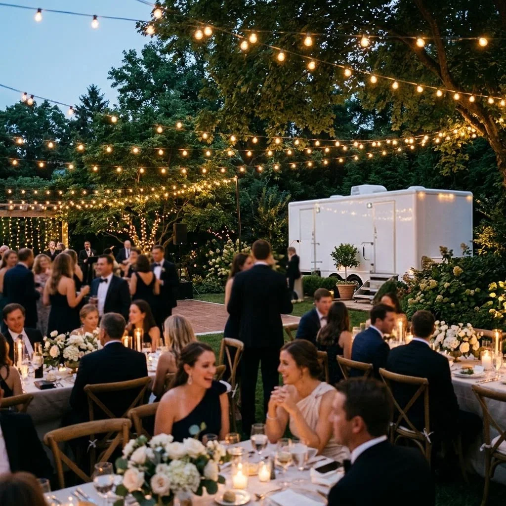 Restroom trailer beside an outdoor celebration under string lights