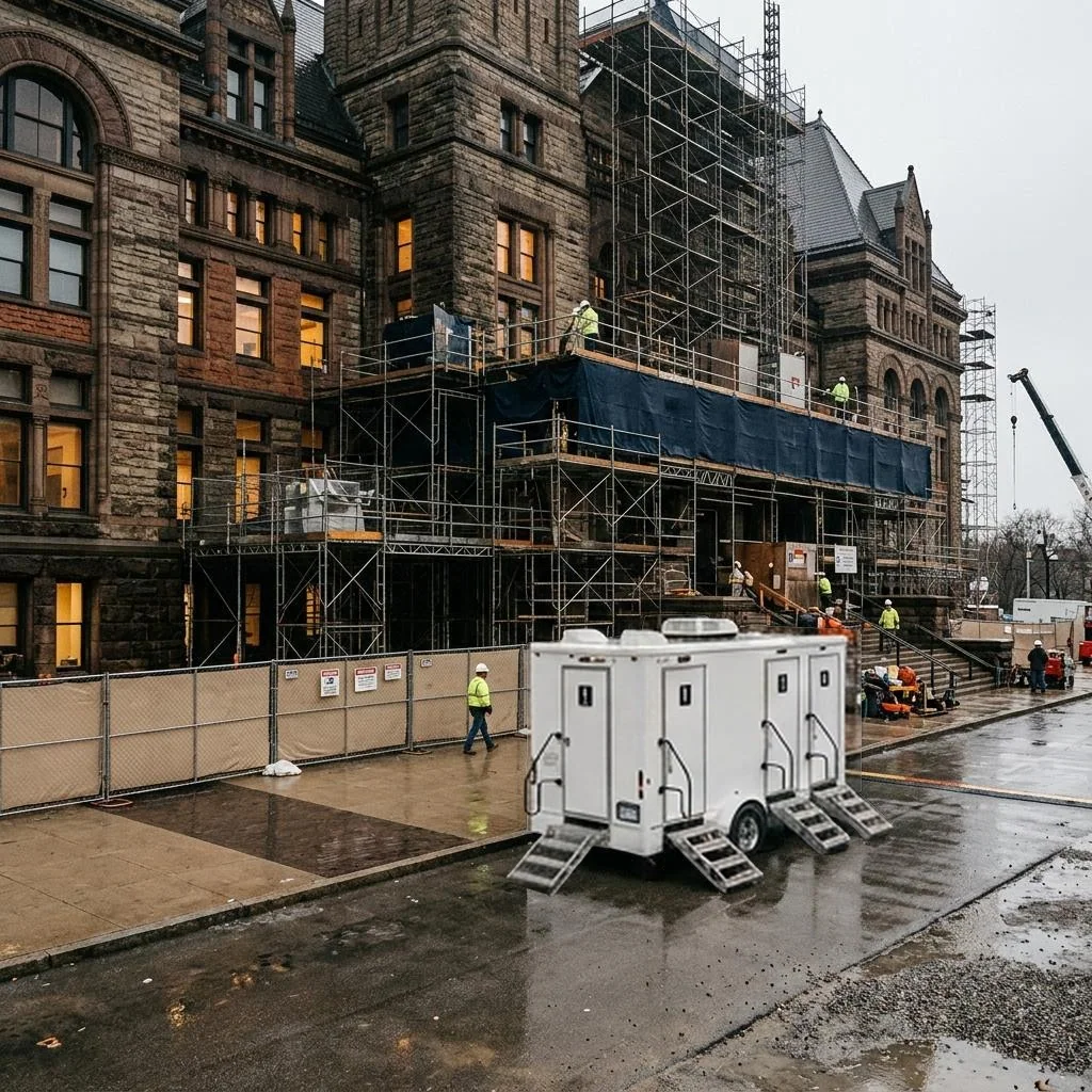 Restroom trailer outside a building undergoing restoration