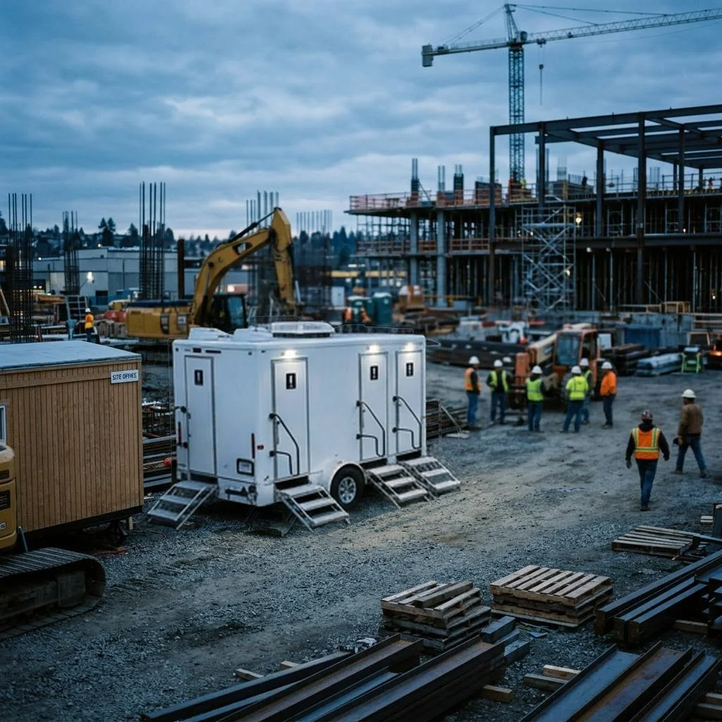 Restroom trailer positioned beside an active construction site