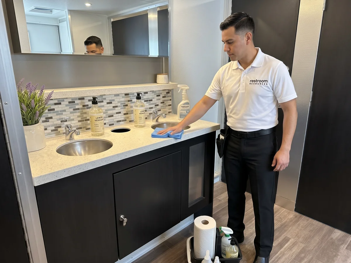 Restroom Resources attendant wiping down the vanity sink inside a luxury restroom trailer, with stocked soap dispensers and a supply caddy nearby