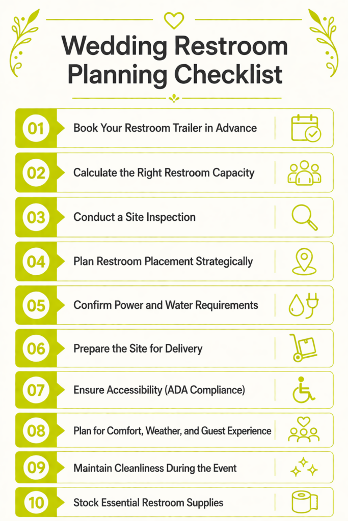 Wedding restroom planning checklist infographic.
