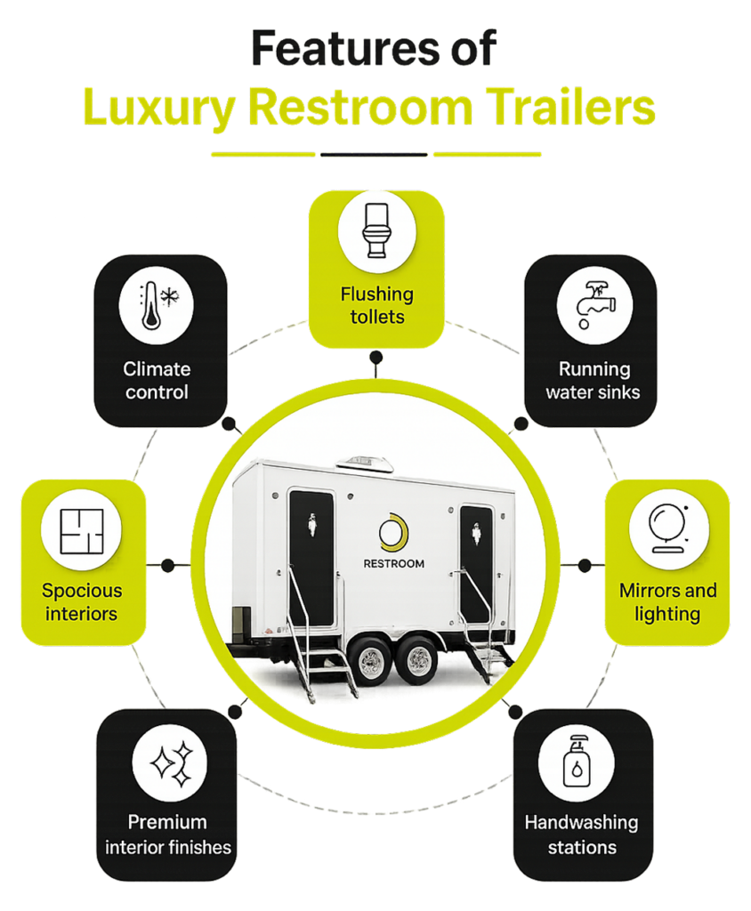 Features of luxury restroom trailers with flushing toilets and climate control.